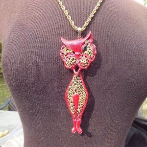 Large Red and Gold Color BOHO Winking Cat Necklace